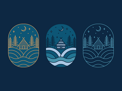 Cabin In The Woods Line Art adventure logo airbnb airbnb branding alaska badge blue and gold blue branding brand design branding cabin logo design graphic design line art logo outdoor logo vacation rentals vector