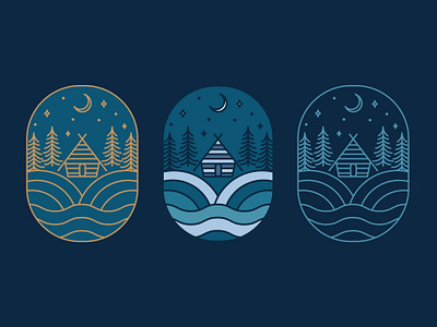 Cabin In The Woods Line Art adventure logo airbnb airbnb branding alaska badge blue and gold blue branding brand design branding cabin logo design graphic design line art logo outdoor logo vacation rentals vector