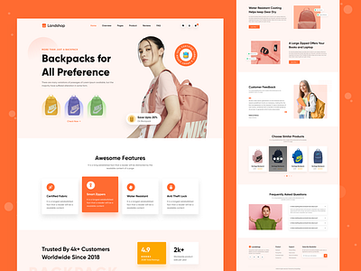 Landshop - Backpack Website Landing Page backpack bag details bag store devignedge ecommerce homepage landing page landingpage mhmanik02 shop store ui ui design uidesign ux web design website website design