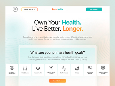 BazeHealth - Healthcare services website clean ui design energy health health monitoring healthcare services heart care home based consulting landing page modern ui mood tracking pastel color palette quiz interface sleep user enagagement user interface ux design website design weight loss wellness