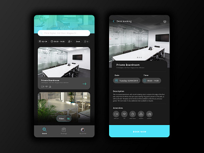 Co-working Office App booking booking app dark skin datepicker filters flat ui hotdesk ios iphonex mobile app mobile design mobile ui native app ui ux ux
