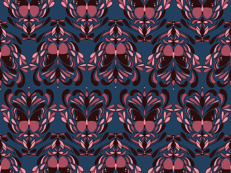 Boho Nouveau Butterfly 1.0 Pink Burgundy Pattern Blue BG art deco art nouveau bohemian boho butterfly insect moody pattern repeat seamless surface pattern design