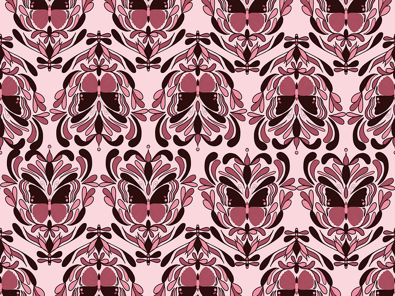 Boho Nouveau Butterfly 1.2 Pink Burgundy Pattern Pink BG bohemian boho butterfly insect pattern repeat seamless surface pattern design symmetry