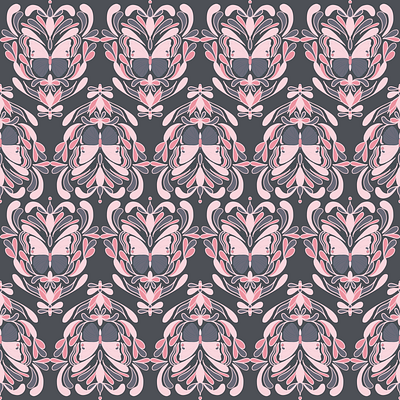 Boho Nouveau Butterfly 3.0 Pink Grey Pattern on Grey BG art deco art nouveau bohemian boho butterfly insect pattern repeat seamless surface pattern design symmetry