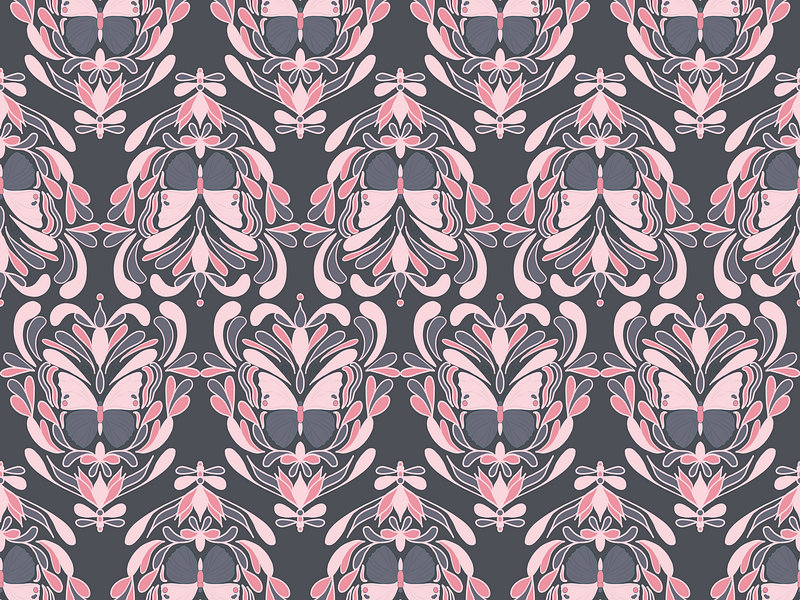 Boho Nouveau Butterfly 3.0 Pink Grey Pattern on Grey BG art deco art nouveau bohemian boho butterfly insect pattern repeat seamless surface pattern design symmetry