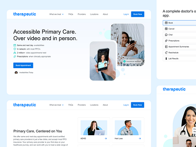 therapeutic - primary care website blue color palette clean design consulting design doctors health insurance healthcare website in person appoinment landing page medical aid modern design online booking patients primary care simple design telemedicine ui user friendly interface user experience video appointments