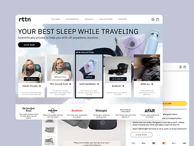 RTTN - Travel Accessories Landing Page bundles e commerce platform e commerce easy navigation landing page modern neutral color palette new collection online store product design responsive design shop all shopping travel travel accessories travel comfort travel pillow travel website ui website design