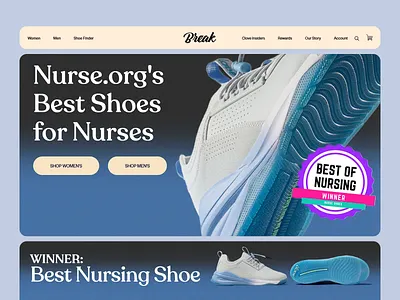 Break - Nursing Shoes Landing Page best nursing shoes best ui blue color palette comfort e commerce website footwear landing page design medical footwear nursing shoes online shop product page product showcase responsive design shoe finder shopping sports footwear ui ux web inspiration womens shop
