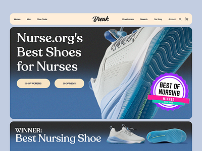 Break - Nursing Shoes Landing Page best nursing shoes best ui blue color palette comfort e commerce website footwear landing page design medical footwear nursing shoes online shop product page product showcase responsive design shoe finder shopping sports footwear ui ux web inspiration womens shop