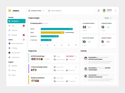 Jekpro - Project Management Dashboard activity animation card chart clean comment dark mode dashboard design flat graphic design insight light mode menu motion graphics project teams ui user interface ux