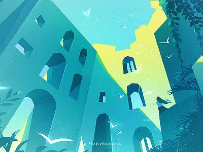 Ruin garden building girl illustration palnt 插画 治愈系