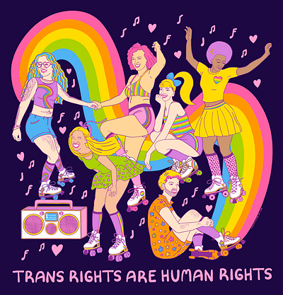 Trans Rights Are Human Rights apparel bold boombox branding design empowerment equality illustration love merchandise music planned parenthood procreate rainbows skating party vector