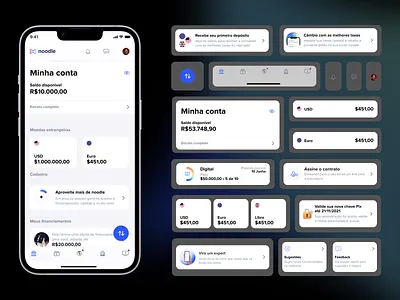 Noodle | Home screen case study banking cards dark dark mode design system financing home screen ligh light mode patterns system ui