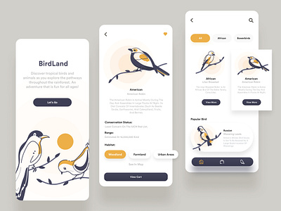 BirdLand Animal Species App app app design application bird birdland cart design figma illustration mobile app russian bird sparrow theam ui ui design urban ux white woodland