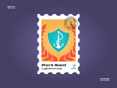 Port Said Stamp illustration ancient egptians flat illustration george samuel hook illustration landmark animation noise ort pharaoh postage stamp red sea sea ship stamp waves