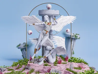 Angels in the Temple - 3D Concept 3d 3d art 3d concept 3d design 3d material angel blender c4d dark mode graphic design illustration illustration 3d minimalist modeling motion graphics redshift render sketching stone texture