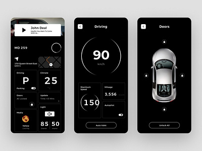 Automobile Features App app application automobile black car app design direction drak driving features figma location map mobile app screen theam ui ui design ux