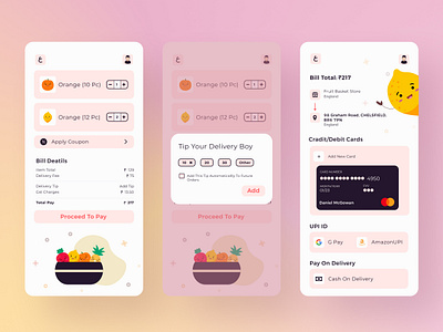 Fruit Basket Checkout Screen bill card cart check out checkout screen delivery design ecommerce app figma fruit app mobile app order order detail pament method payment popup summary track order ui ux