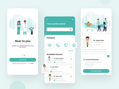 Doctors Appointment App app app screen appointment app care category design doctor doctor app figma fitness health care hospital app illustration medical app mobile app online appointment schedule treatment ui ux