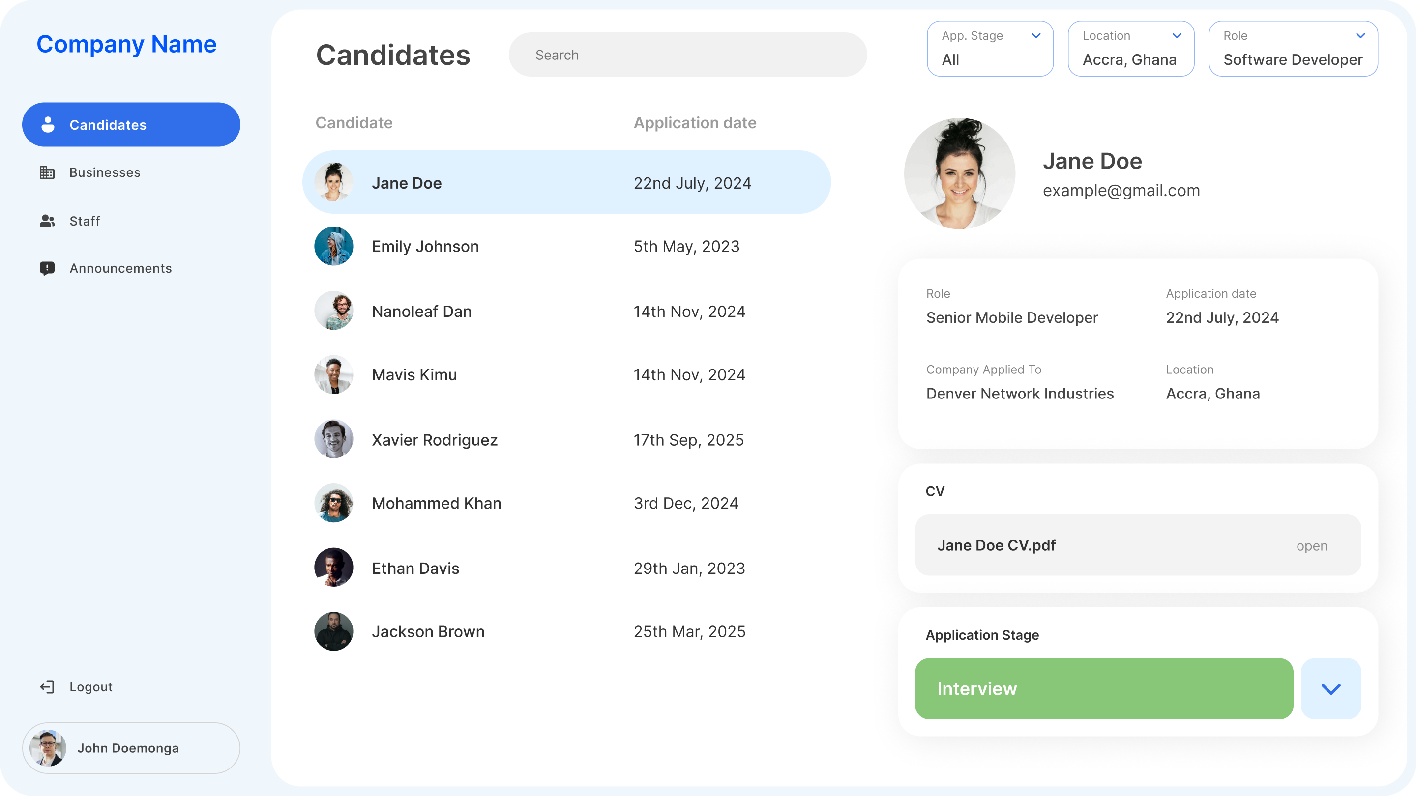 Candidate Tracker Dashboard application blue candidate dashboard minimal nice tracker