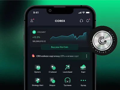 Corex - Crypto Exchange App app app design coin crypto crypto exchange dark app icon illustration illustration art illustrator income launchpad logo mobile mobile app mongolia app strategy ui ux wallet