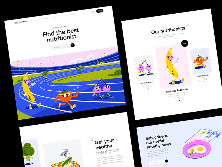 full landing page design with illustrations for nutrition platform