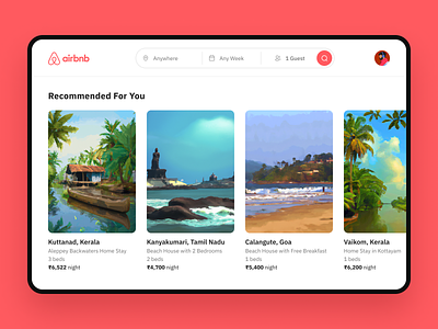 Airbnb UI with Dall-E Generated thumbnails ai airbnb booking clean dailyui dalle design digitalart housing kerala minimal oilpaint pricing recommended rent search simple stay ui ux