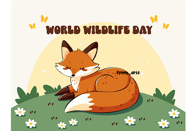 Cute Cartoon Fox Celebrating World Wildlife Day Illustration animal autumn background beautiful cartoon celebration character conservation cute day event fall foliage fox leaf leaves life nature season wildlife