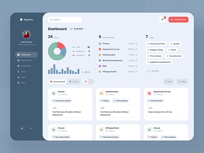 RegTech Dashboard app cards ui charts dashboard data data visualization desktop docs documents view figma figmadesign statistic tags task management ui uidesign ux web app webapplication