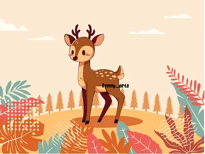 Illustration of a Fawn Surrounded by Colorful Foliage animal background character deer environment fauna foliage forest horn nature poses reindeer safari tail wild wilderness wildlife woods zoo zoology