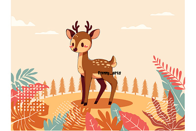 Illustration of a Fawn Surrounded by Colorful Foliage animal background character deer environment fauna foliage forest horn nature poses reindeer safari tail wild wilderness wildlife woods zoo zoology