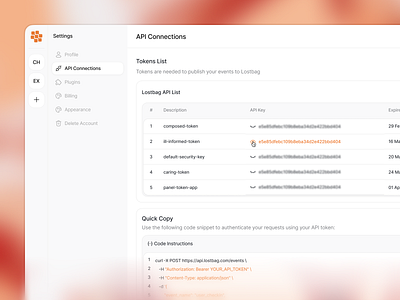 Lostbag - Tracking Management [API Connections] analytics api connections dashboard integration key management product design saas token tracking ui ux