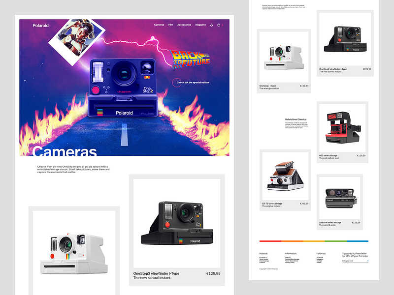 Polaroid site Cameras section asset creation cameras creative design ecommerce image manipulation layout polaroid responsive design ui design web design