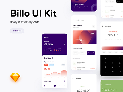 Billo UI Kit - Budget Planning App android app balance banking bill bills budget credit card credit card payment expenses fintech fintech app goals income ios money payment saving send smart