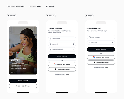 Splash, Login & Signup Screens for a Food Marketplace App login marketplace mobile design mobile ui signup splash ui ux