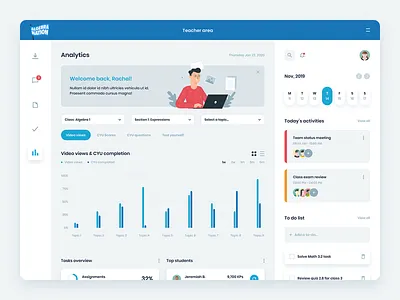 Teacher Area Dashboard analytics app charts dashboard data visulization education flat flat design illustration learning ui user experience user interface ux web app web design