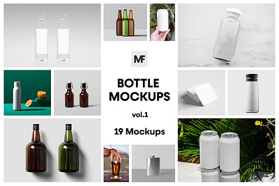 Bottle Packaging Mockups vol.1 alcohol aluminum beer bottle packaging mockups bottles can cap glass hand holding juice label packaging packaging mockup paper plastic rum scene transparent water wine