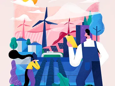 Renewable energies energy flat grain illustration nature people solar sustainable texture