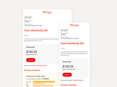 Origin Energy eBill refresh billing ebill email payment ui ux