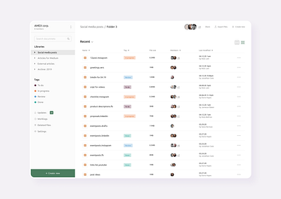 Copywriting tool app application clean dashboard documents files flat information architecture list management minimalistic product storage table ui ux web