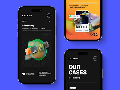 Mobile-friendly Cases page & Single case intro | Lazarev. adaptation agency app case preview cases categories design device iphone 14 lazarev mobile navigation portfolio product responsive self promotion ui web site web3 project work