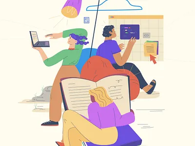 Learn new skills 2d books characterdesign computer concept courses development digital illustration editorial illustration growth mindset illustration knowledge learn online courses online learning reading software student studying vector illustration