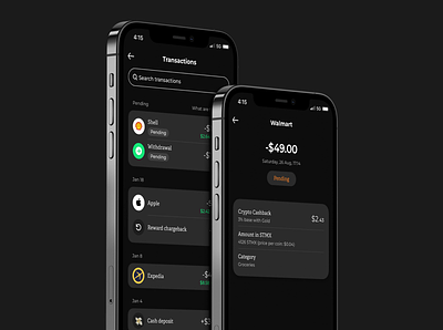 Transactions bank banking cashback credit card crypto crypto currency dark mode debit card finance fintech mobile app transactions ui ui minimal