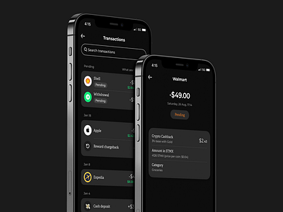 Transactions bank banking cashback credit card crypto crypto currency dark mode debit card finance fintech mobile app transactions ui ui minimal