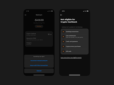 Not eligible for cashback bank banking cashback crypto crypto currency crypto wallet fintech minimal mobile app mobile ui transactions ui minimal