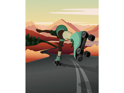 Roller-skate boy character design green illustration lake man mountain orange road roller rollers shadows sky