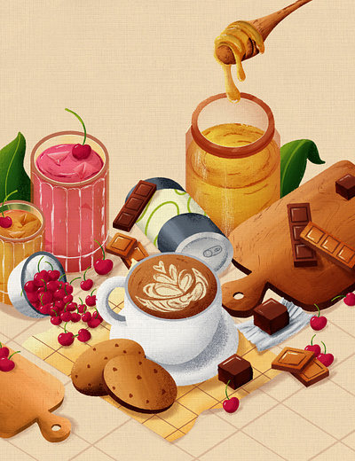 A Visual Feast cherries coffee digital art drink food food illustration honey procreate texture