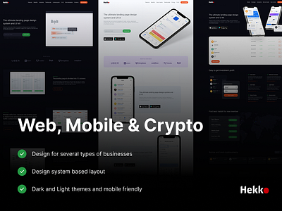 Premium Landing Page (Light/Dark) for Web & Mobile products app crypto dark design design system icons landing landing page light mobile presentation service typography ui web