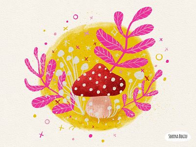 Mushroom Illustration autumn brick red bubblegum pink cute design digital illustration fall illustration illustrator leaves mango modern mushroom opera pink