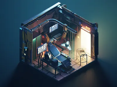 Edgerunners Cyberpunk Clinic 3d blender cyberpunk diorama edgerunners illustration isometric render ripperdoc room scifi substance